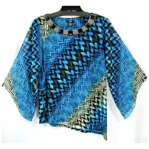 Alfani Woman Beaded Jewel Neck Zig Zag Sheer Sleeves Asymmetrical Tunic Top 0X